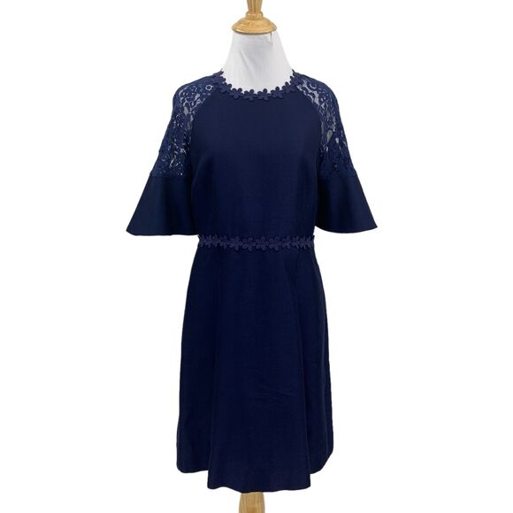 Draper James Dress Womens 8 Navy Maggie Bell Sleeve Silk Blend Lace Appliqué - Picture 1 of 16